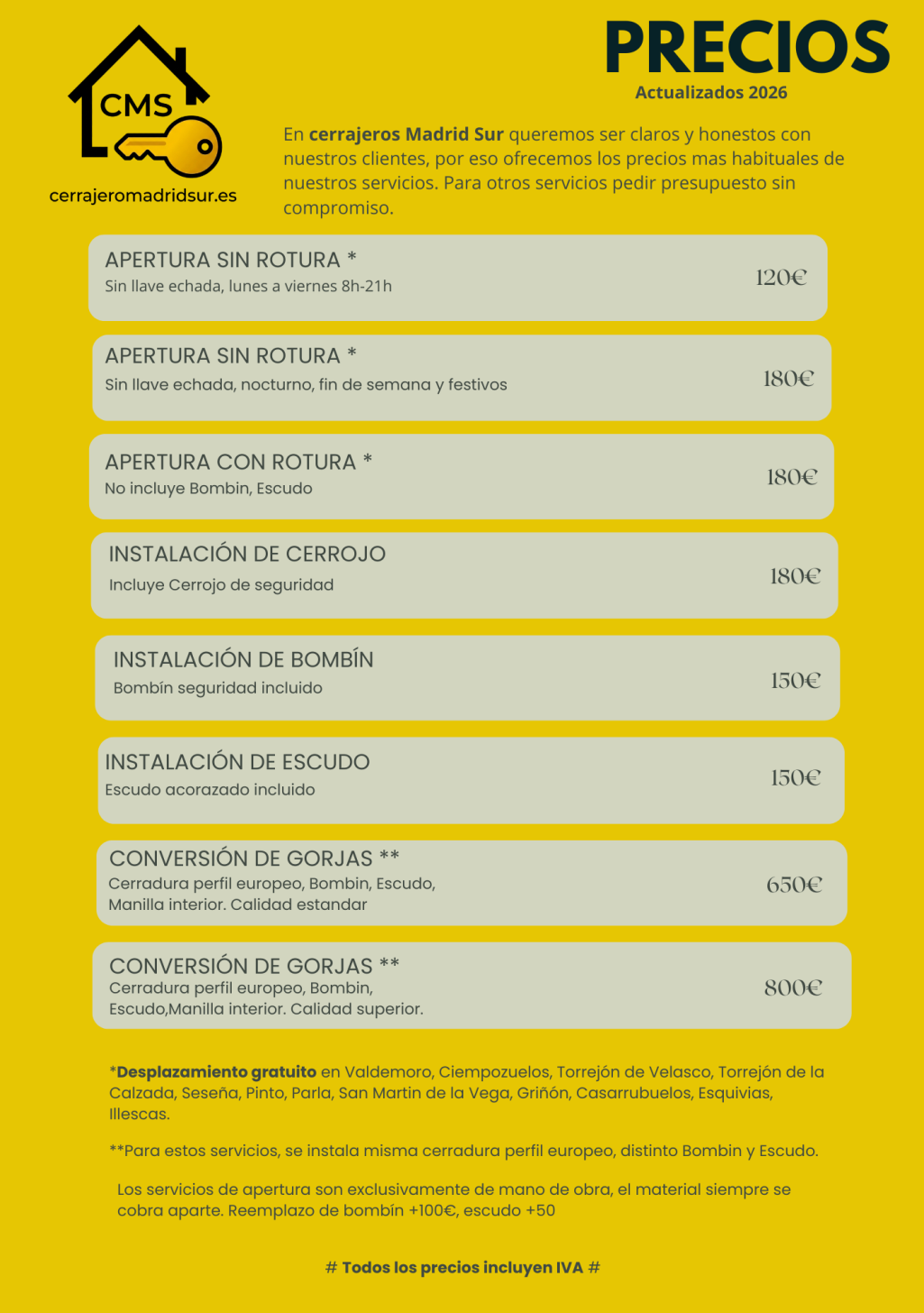 Lista de precios Cerrajeros Madrid Sur: Apertura sin rotura 120€, instalación de cerrojo FAC y conversión de gorjas en Valdemoro 24h.