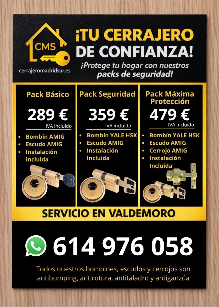 Precios y packs de seguridad de Cerrajeros en Valdemoro. Instalación de bombines, escudos y cerrojos Barato.